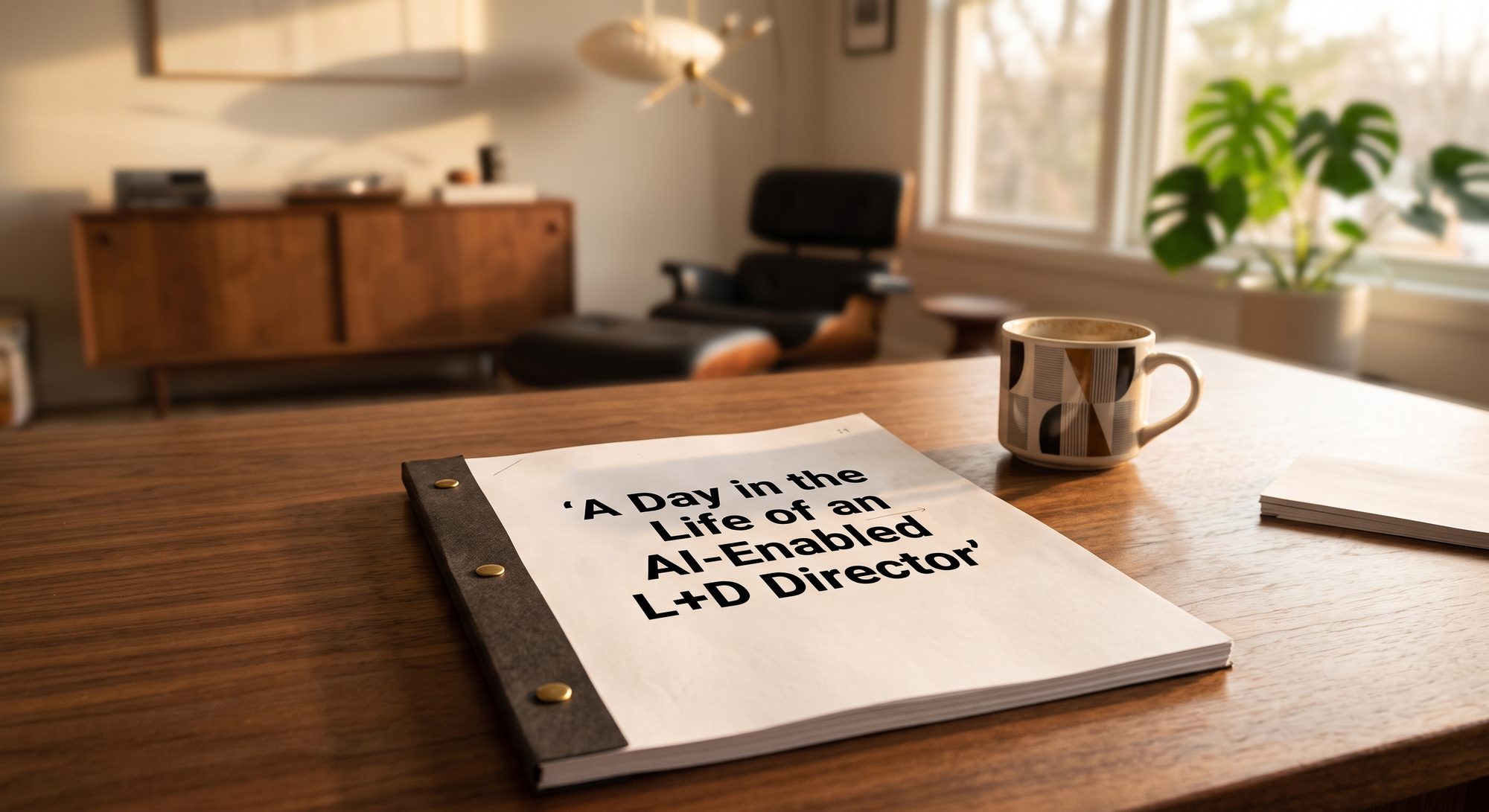 A bound script titled 'A Day in the Life of an AI-Enabled L+D Director' on a sunlit desk