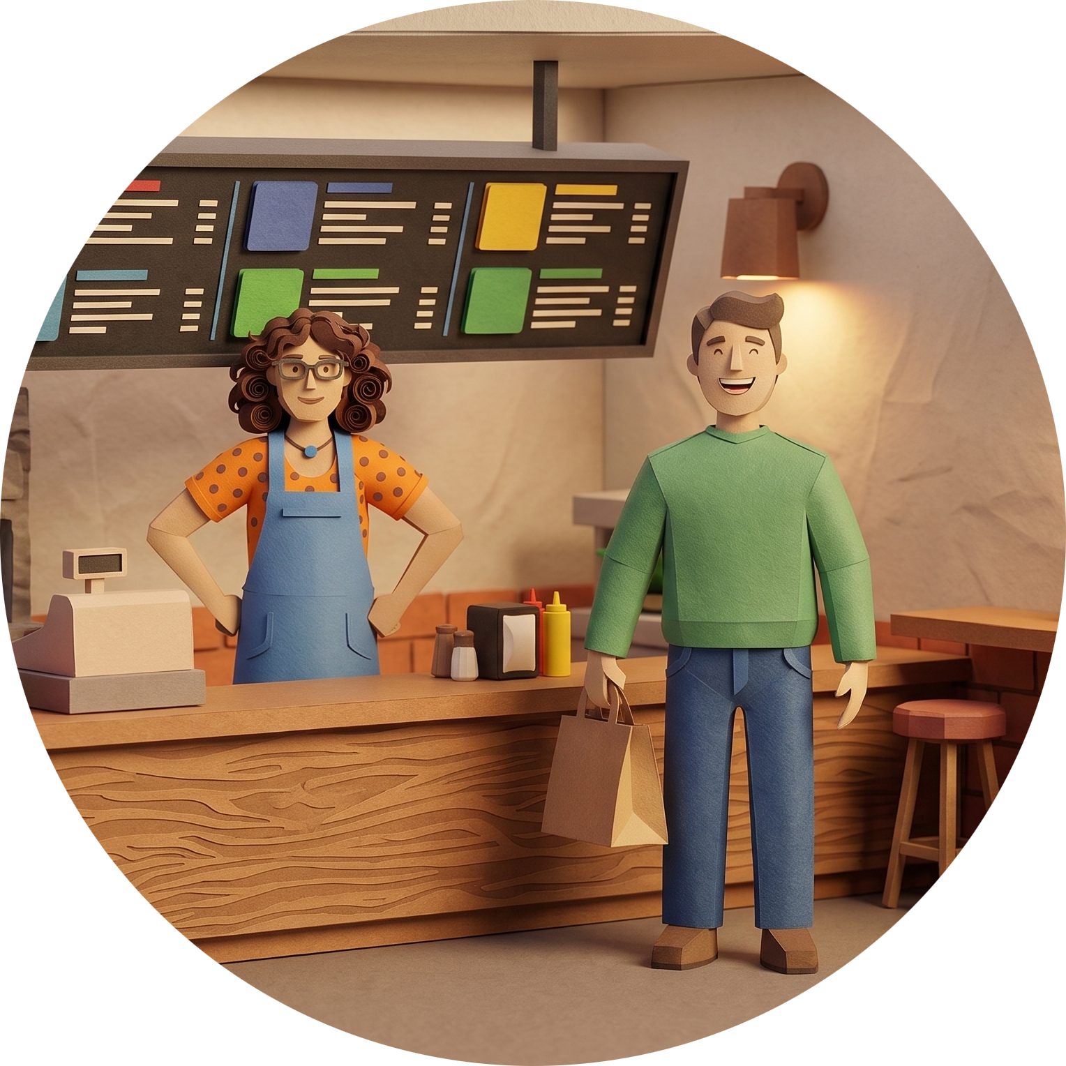 A friendly papercraft cashier greeting a happy customer at a restaurant counter